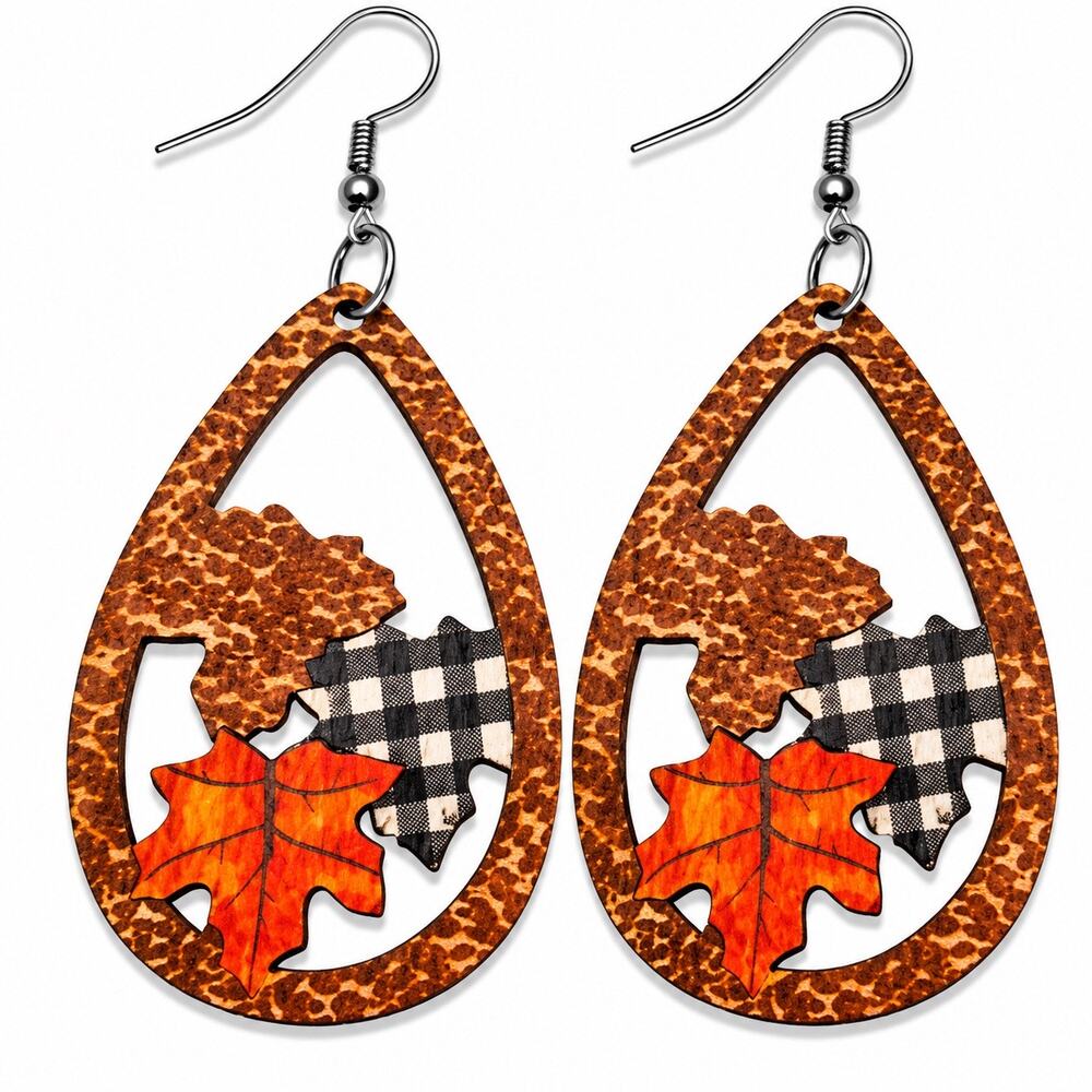 Fall Leopard Buffalo Plaid Maple Leaf Teardrop Earrings NWOT